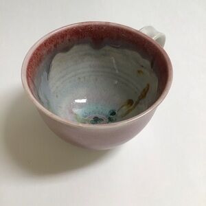 SIGNED Studio Pottery Coffee Cup Handle Pink Green Blue 4” Handmade Mod Teacup